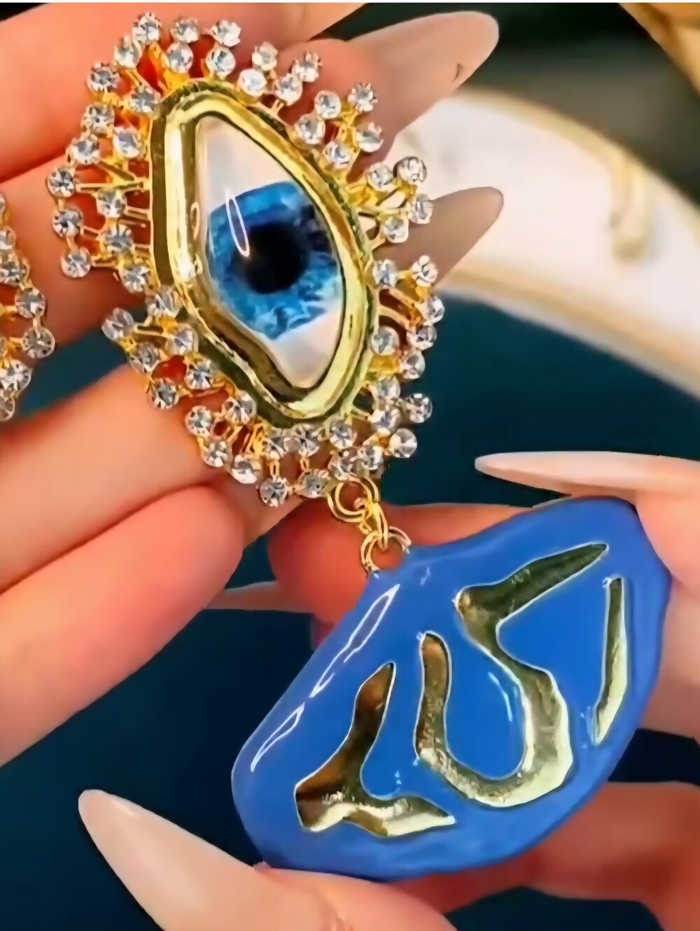Gold And Blue Enamel Artisan Eye Drop Dangle Earrings 2.76"  Women Jewelry